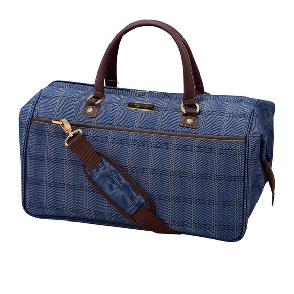 London Fog Brentwood II 20in. Duffel Travel Bag Navy Blue Brown Wide Opening NEW - Picture 5 of 8